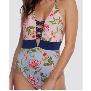 New Bikini Lab Women's plunge halter one piece swimwear pink/blue/floral XL